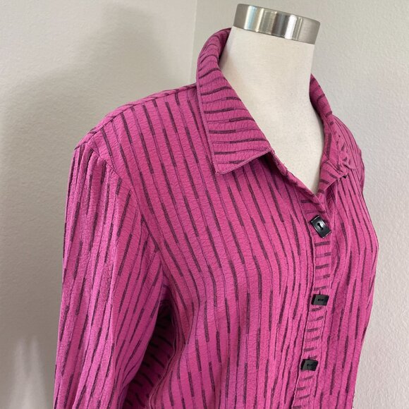 Ali Miles Womens Large Button Up Shirt Pink Black Striped Long Sleeve Top - Picture 2 of 14